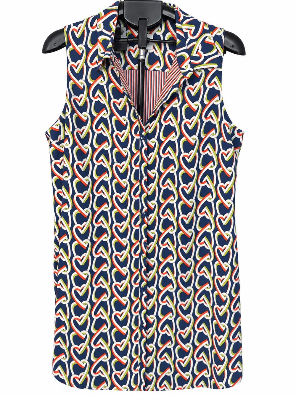 Cabi Size L Navy Multicolor Heart Print Sleeveless Button Front dress - Picture 2 of 9